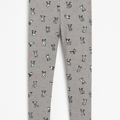 (Ages 10-12)Girl Cotton Jersey Tights – Cute Puppy Print, Soft & Stretchy -Grey