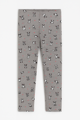 (Ages 10-12)Girl Cotton Jersey Tights – Cute Puppy Print, Soft & Stretchy -Grey