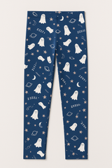 (Ages 10-12)Girl Blue Cotton Jersey Tights – Cute Ghost & Space Print