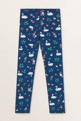 (Ages 10-12)Girls Navy Cotton Jersey Tights – Swan & Floral Print