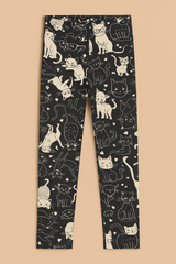 (Ages 7-9)Girl Black Cotton Leggings with Cute Cat Print – Soft & Stretchy