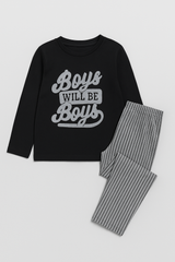Boys Cotton Pajama Set – “Boys Will Be Boys” Top with Striped Pants | Comfortable Kids Sleepwear