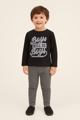 Boys Cotton Pajama Set – “Boys Will Be Boys” Top with Striped Pants | Comfortable Kids Sleepwear