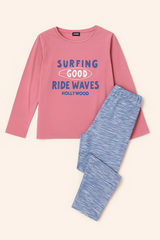 Girls Surfing Graphic Pajama Set – Pink Top & Blue Lounge Pants