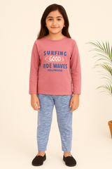 Girls Surfing Graphic Pajama Set – Pink Top & Blue Lounge Pants