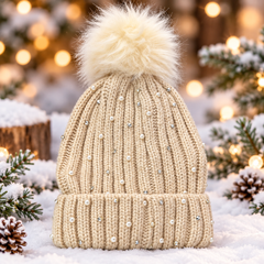 Ladies Warm Knitted Cap with beads -Beige