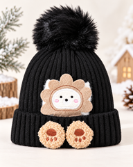 Kids Super Warm Velvet-Lined Pom Pom Winter Cap | Cute Bear Design (3–10 Years)