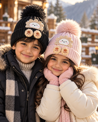 Kids Super Warm Velvet-Lined Pom Pom Winter Cap | Cute Bear Design (3–10 Years)