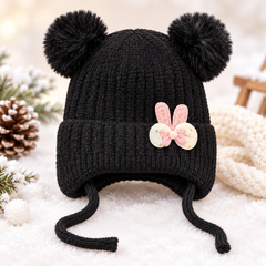 (1–4 Years) Kids Girls Bunny Ear Winter Cap with Double Pom Poms & Velvet Lining (06)