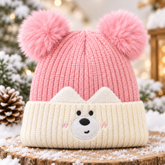 (1–4 Years) Kids Unisex Bear Face Super Warm Velvet-Lined Winter Cap -(08)