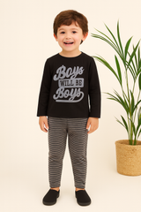 Boys Cotton Pajama Set – “Boys Will Be Boys” Top with Striped Pants | Comfortable Kids Sleepwear