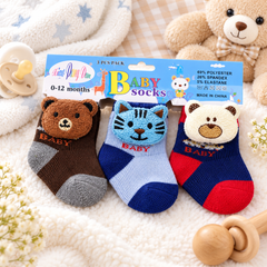Cute 3D Animal Baby Socks – Soft & Cozy (Pack of 3) | 0–12 Months
