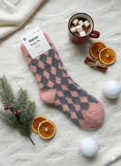 Kids Ultra-Soft Fuzzy Polyamide Check Crew Socks - Cozy Winter Warmth -KPF03