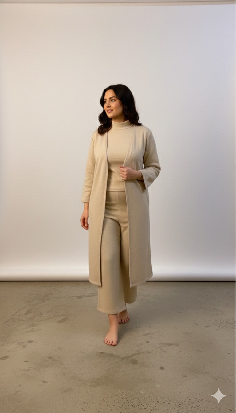 Plus Size Women's Warm Fleece 3-Piece Co-ord Set | Duster Coat, Tank & Trousers