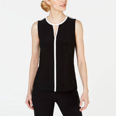 Women's Chiffon Solid Sleeveless Top with Piping-Black