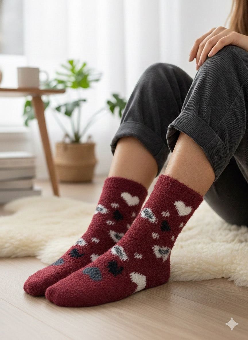 Ultra-Soft Fuzzy Polyamide Heart pattern Crew Socks - Cozy Winter Warmth -06