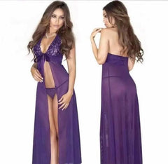 Women’s Sheer Lace Nighty & Thong Set – Purple