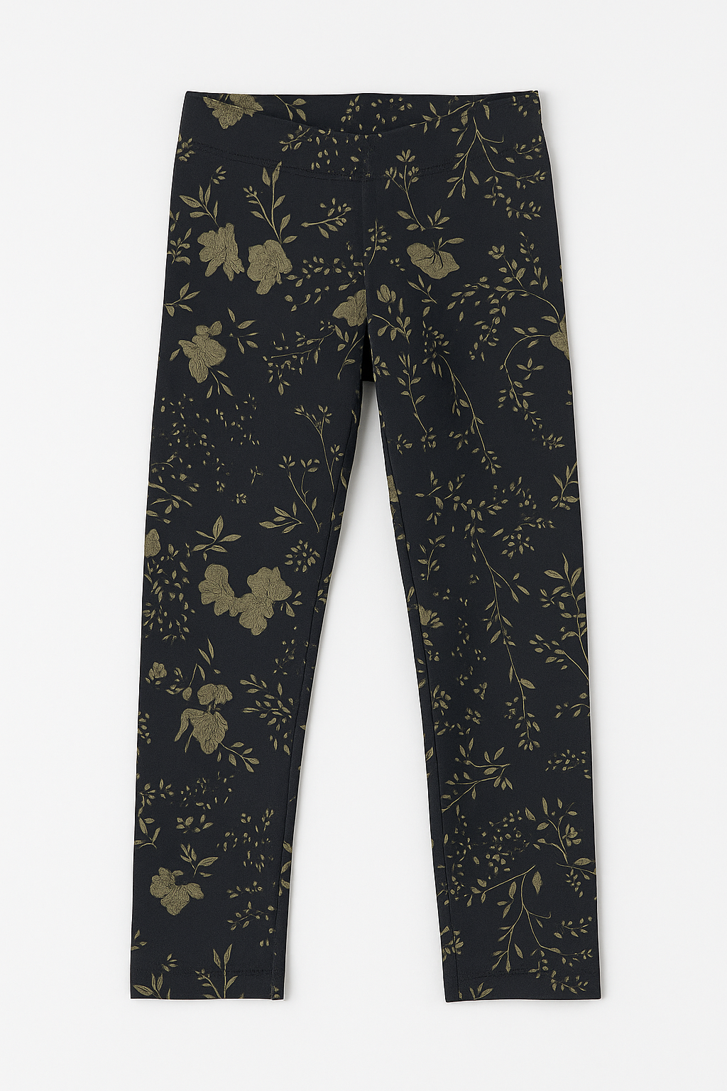 Kids' Black Cotton Jersey Tights – Olive Floral Print (Ages 2-4)