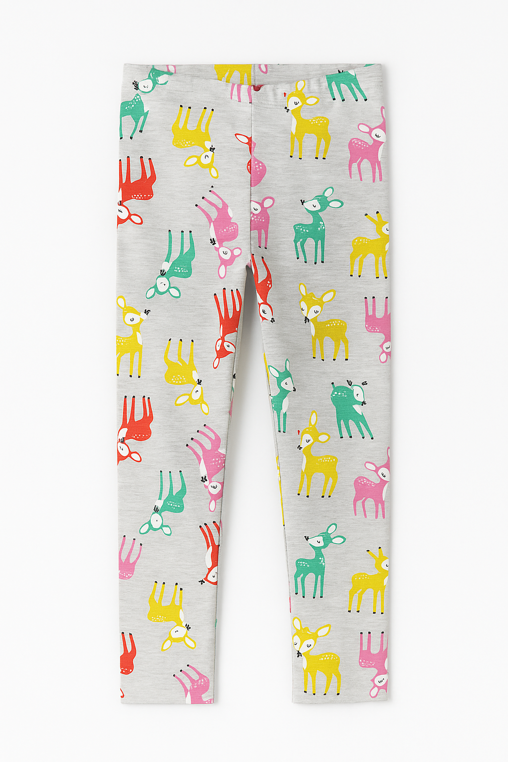 Girl Cotton Jersey Leggings – Colorful Deer Print on Grey (Ages 8-10y)