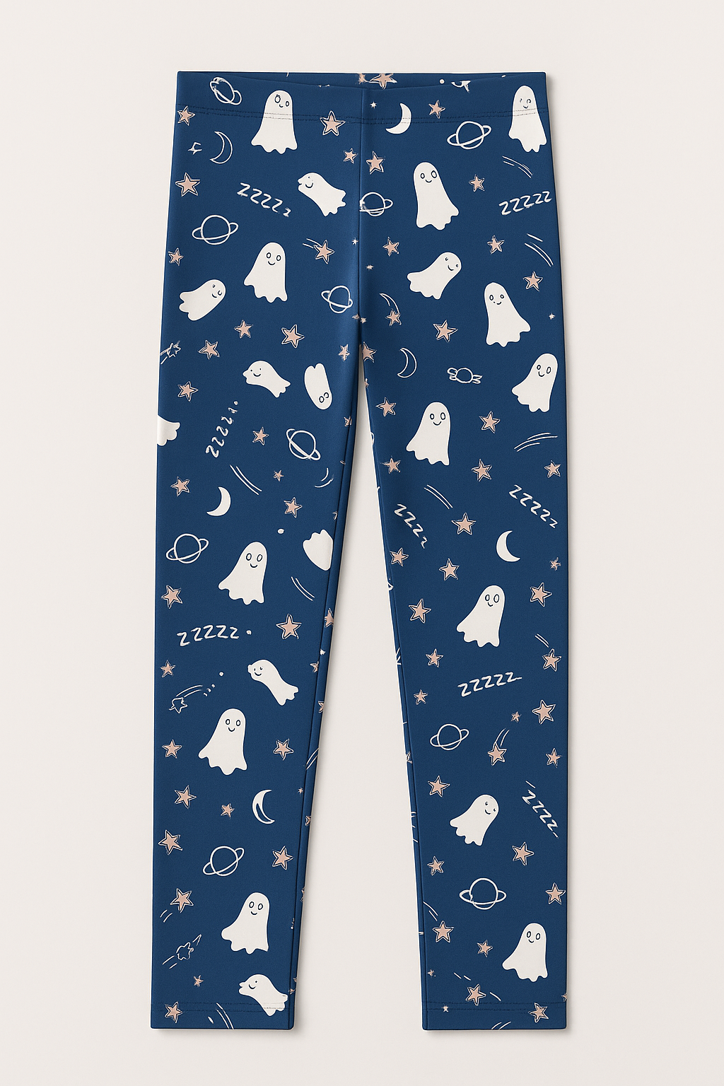 Girl Blue Cotton Jersey Tights – Cute Ghost & Space Print (Ages 10-12)