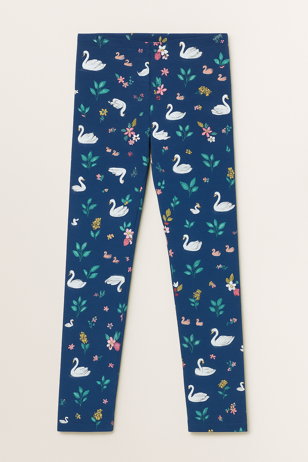 Girls Navy Cotton Jersey Tights – Swan & Floral Print (Ages 10-12)