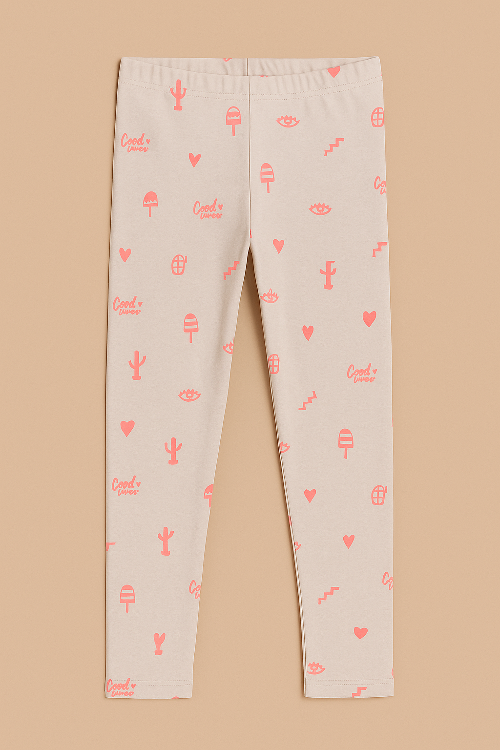 Girl Beige Cotton Jersey Tights – Fun Pink “Cool Times” Print (Ages 7-9)