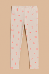 Girl Beige Cotton Jersey Tights – Fun Pink “Cool Times” Print (Ages 7-9)