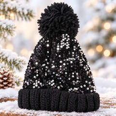 Ladies Sequenced Warm Knitted Cap -Black