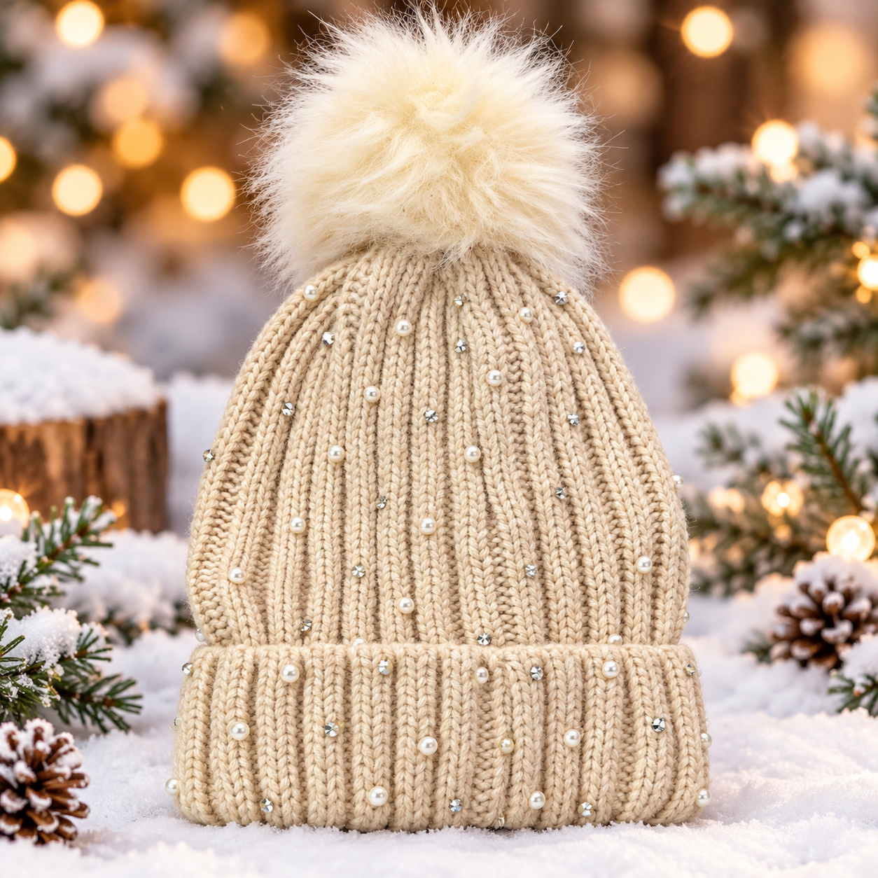 Ladies Warm Knitted Cap with beads -Beige