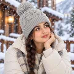 Women's Pearl Embellished Knitted Winter Beanie with Fur Pom Pom-LC08
