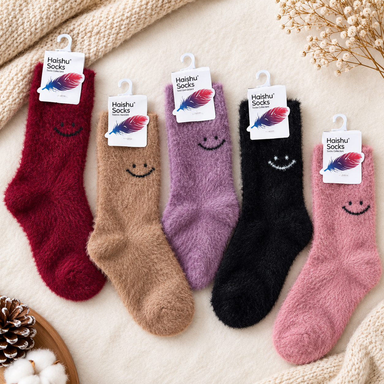 Ultra-Soft Fuzzy Polyamide Smile Crew Socks - Cozy Winter Warmth -PFN01