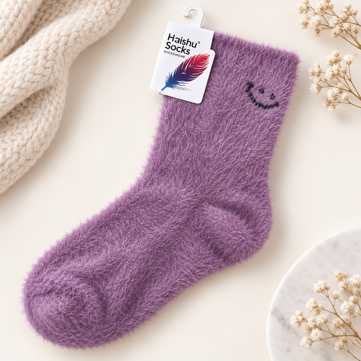 Ultra-Soft Fuzzy Polyamide Smile Crew Socks - Cozy Winter Warmth -PFN01