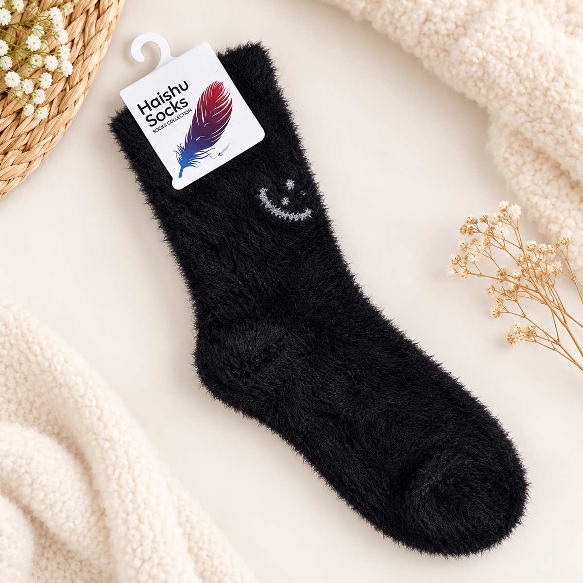 Ultra-Soft Fuzzy Polyamide Smile Crew Socks - Cozy Winter Warmth -PFN01