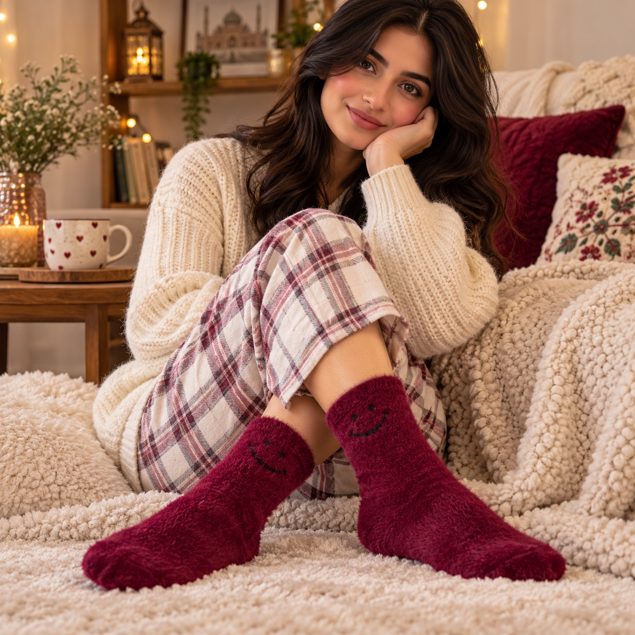 Ultra-Soft Fuzzy Polyamide Smile Crew Socks - Cozy Winter Warmth -PFN01
