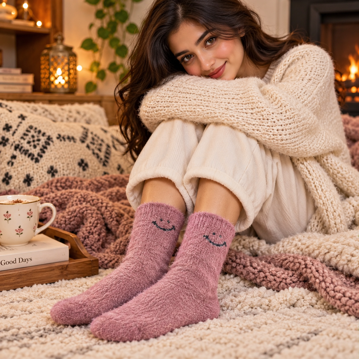 Ultra-Soft Fuzzy Polyamide Smile Crew Socks - Cozy Winter Warmth -PFN01