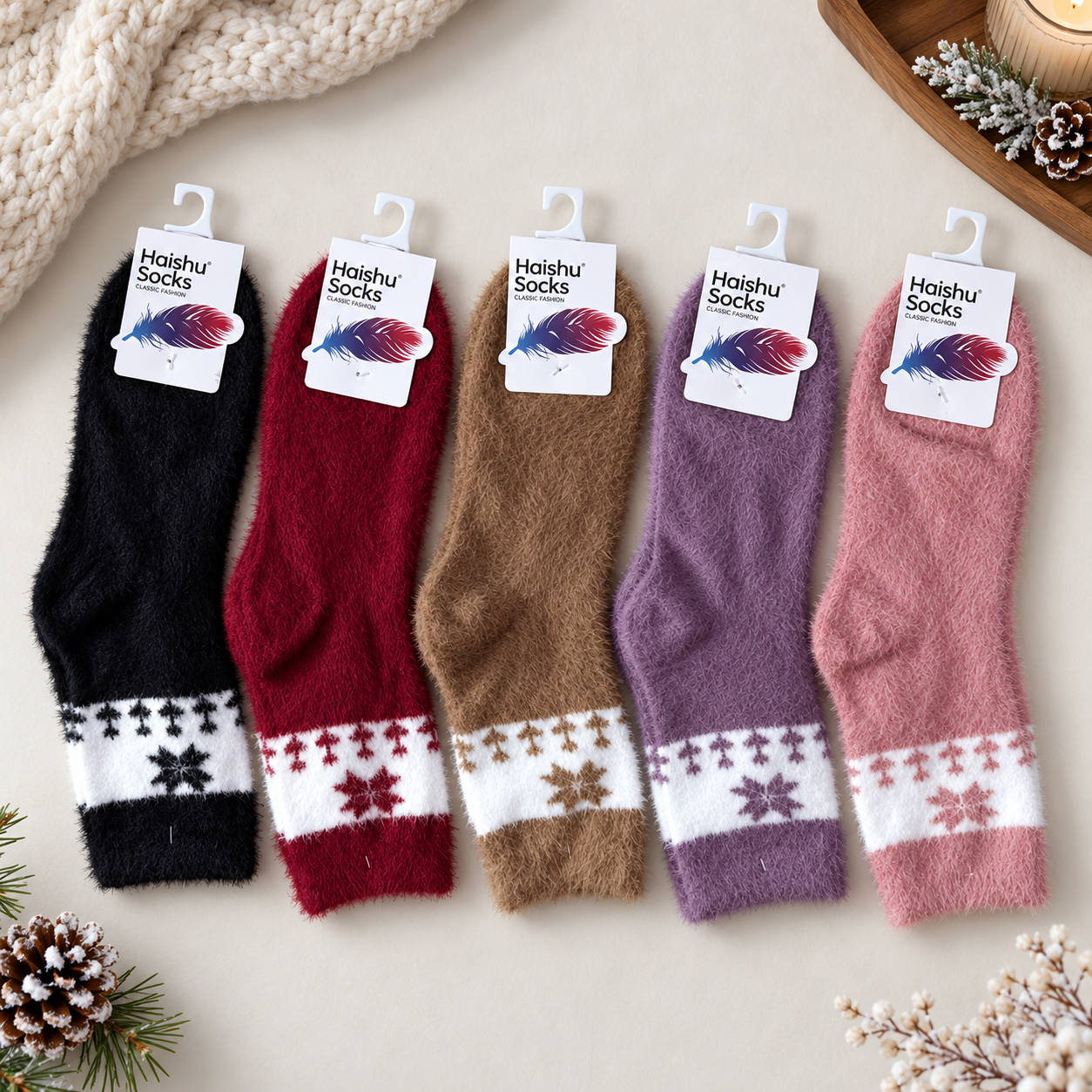 Ultra-Soft Fuzzy Polyamide Snowflake Crew Socks - Cozy Winter Warmth -PFN02