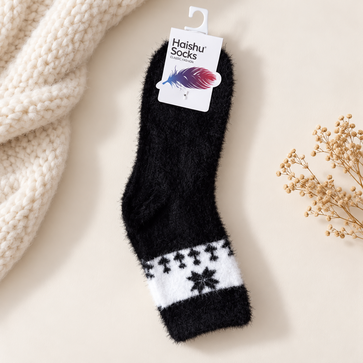 Ultra-Soft Fuzzy Polyamide Snowflake Crew Socks - Cozy Winter Warmth -PFN02