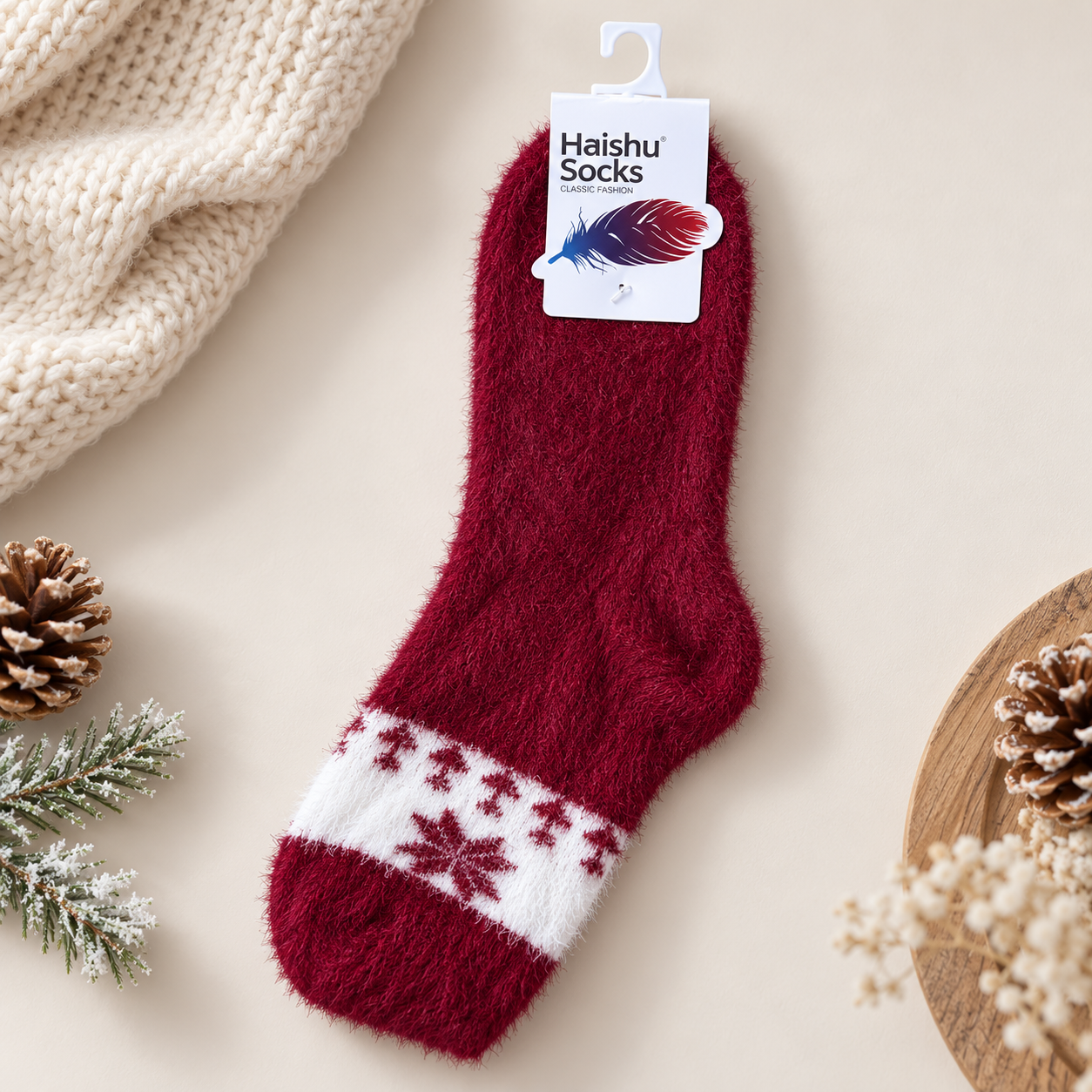 Ultra-Soft Fuzzy Polyamide Snowflake Crew Socks - Cozy Winter Warmth -PFN02