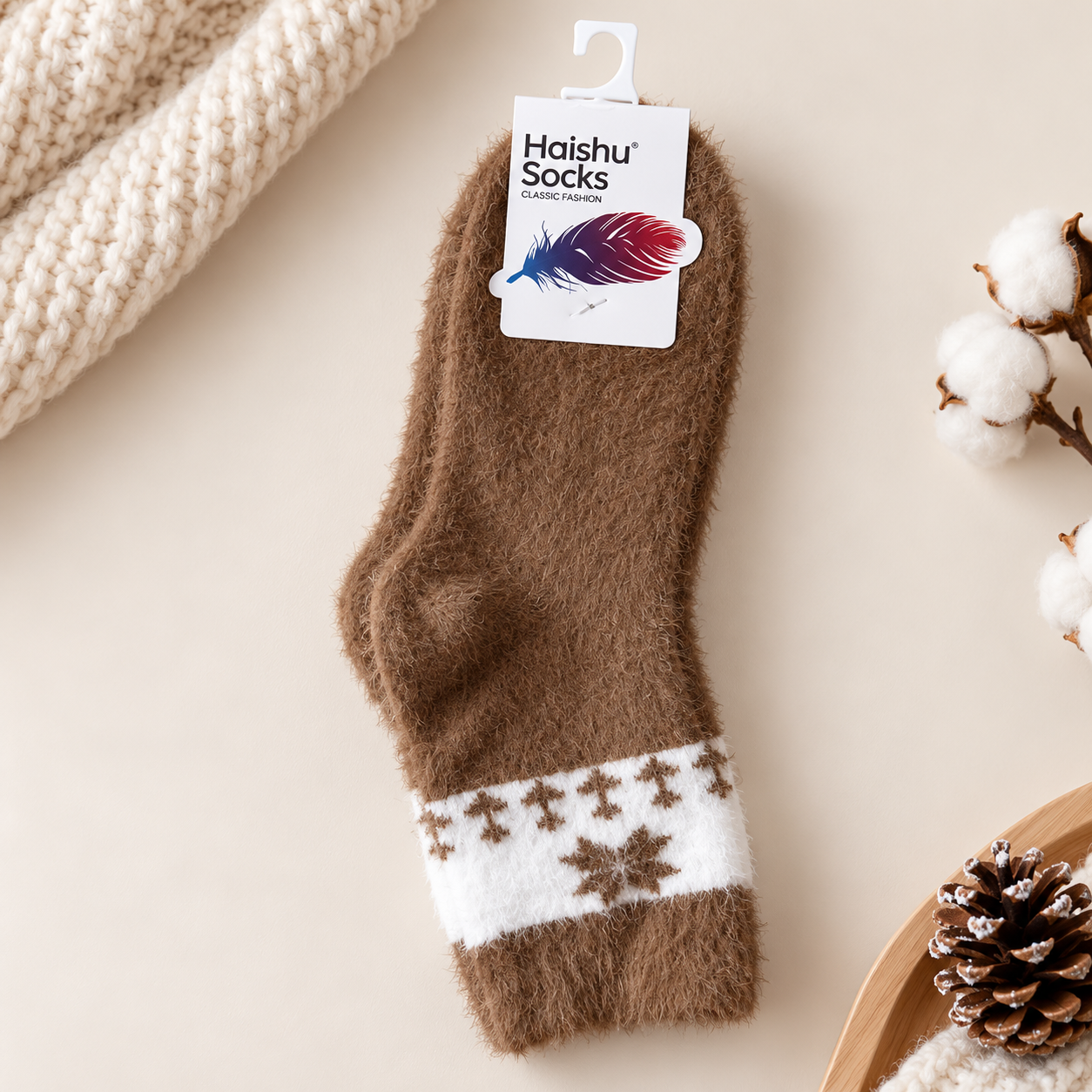 Ultra-Soft Fuzzy Polyamide Snowflake Crew Socks - Cozy Winter Warmth -PFN02
