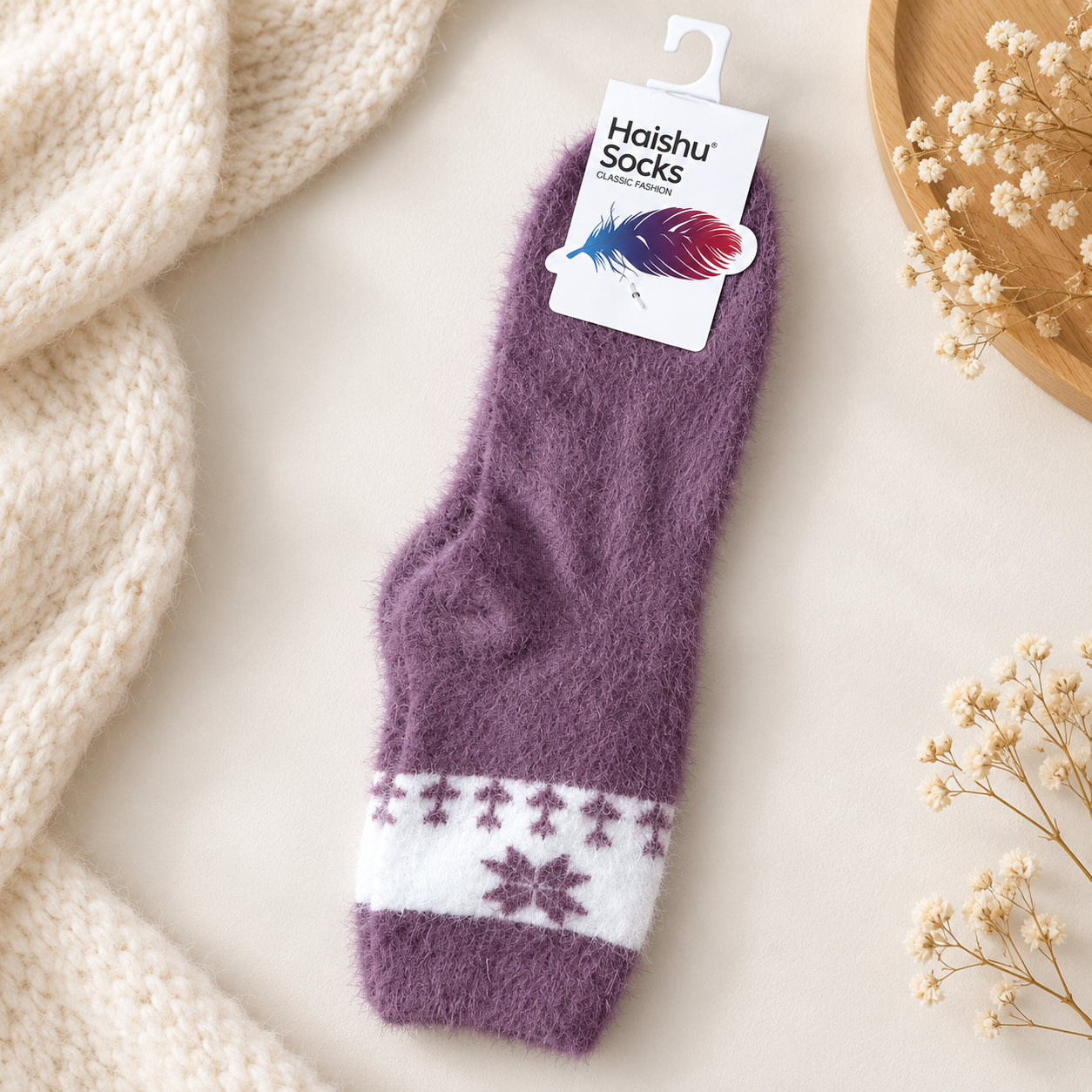 Ultra-Soft Fuzzy Polyamide Snowflake Crew Socks - Cozy Winter Warmth -PFN02