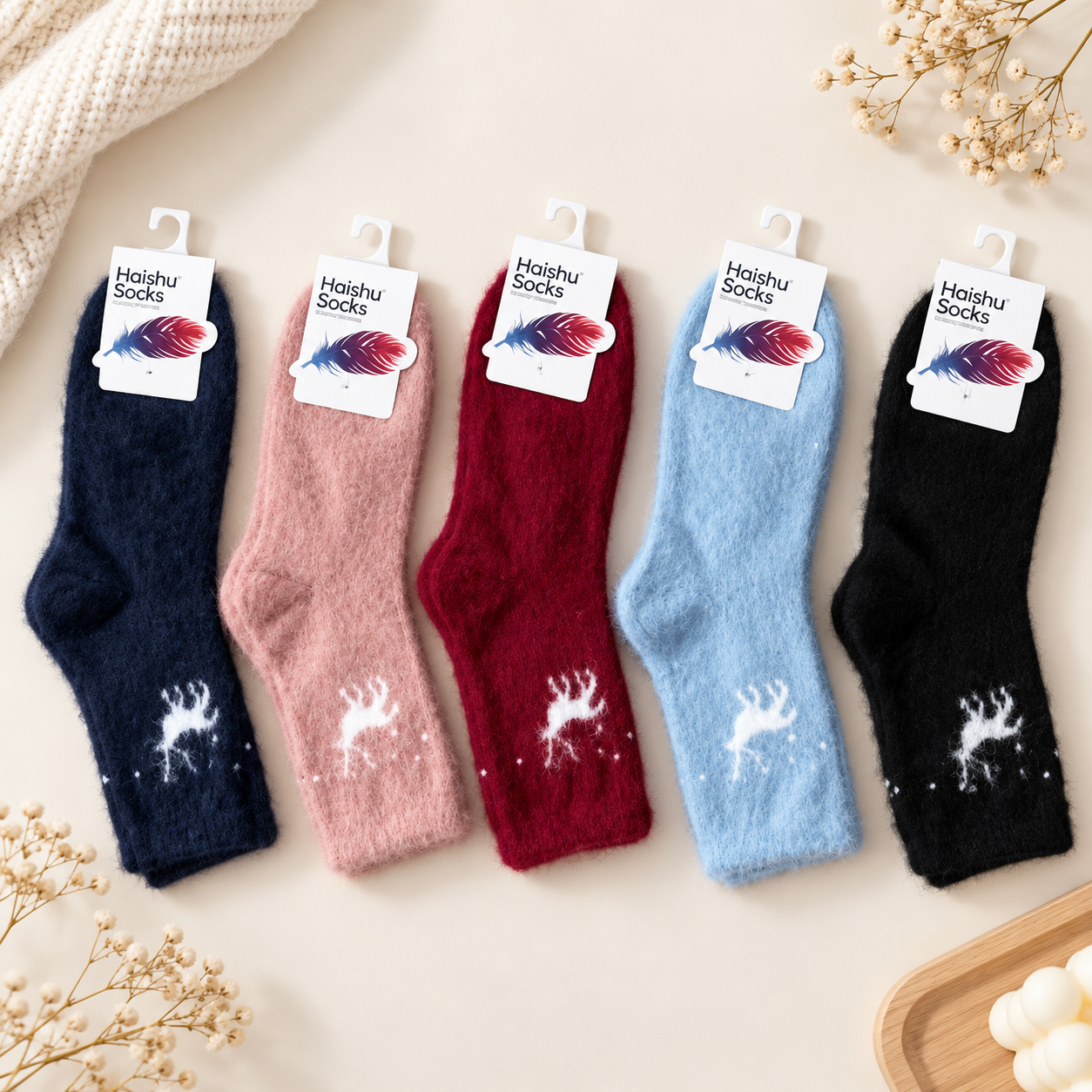 Ultra-Soft Fuzzy Polyamide Reindeer Crew Socks - Cozy Winter Warmth -PFN03