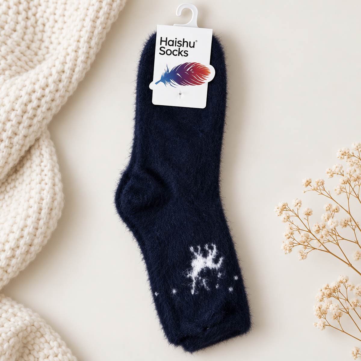 Ultra-Soft Fuzzy Polyamide Reindeer Crew Socks - Cozy Winter Warmth -PFN03