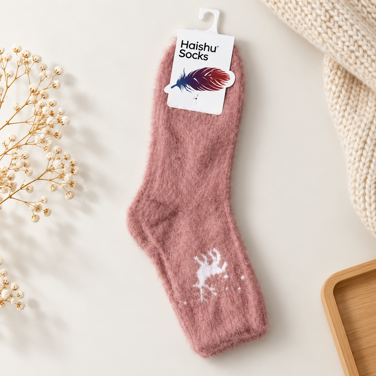 Ultra-Soft Fuzzy Polyamide Reindeer Crew Socks - Cozy Winter Warmth -PFN03