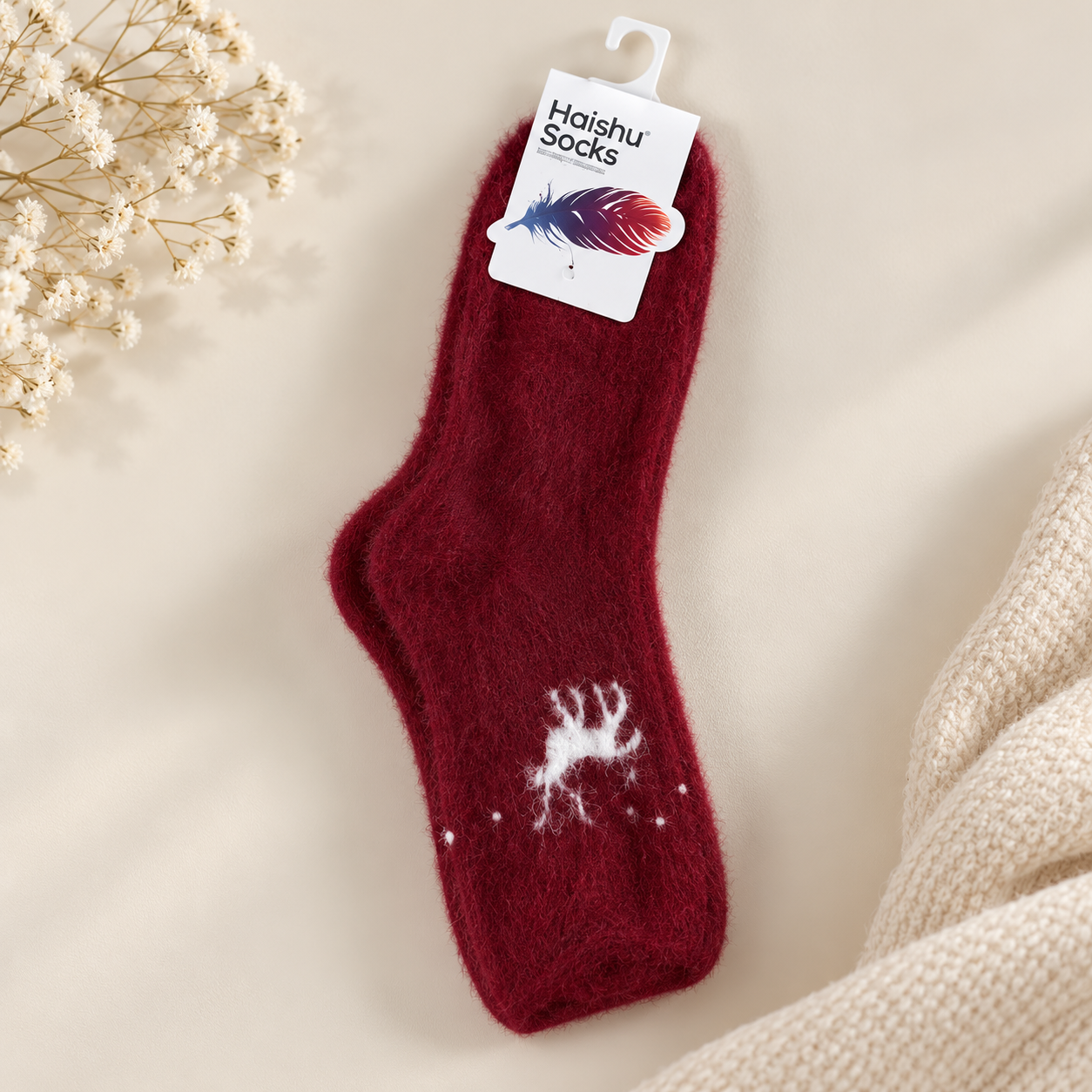Ultra-Soft Fuzzy Polyamide Reindeer Crew Socks - Cozy Winter Warmth -PFN03