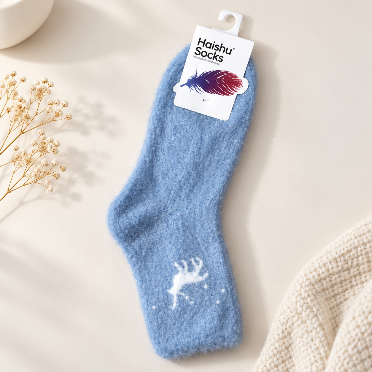 Ultra-Soft Fuzzy Polyamide Reindeer Crew Socks - Cozy Winter Warmth -PFN03