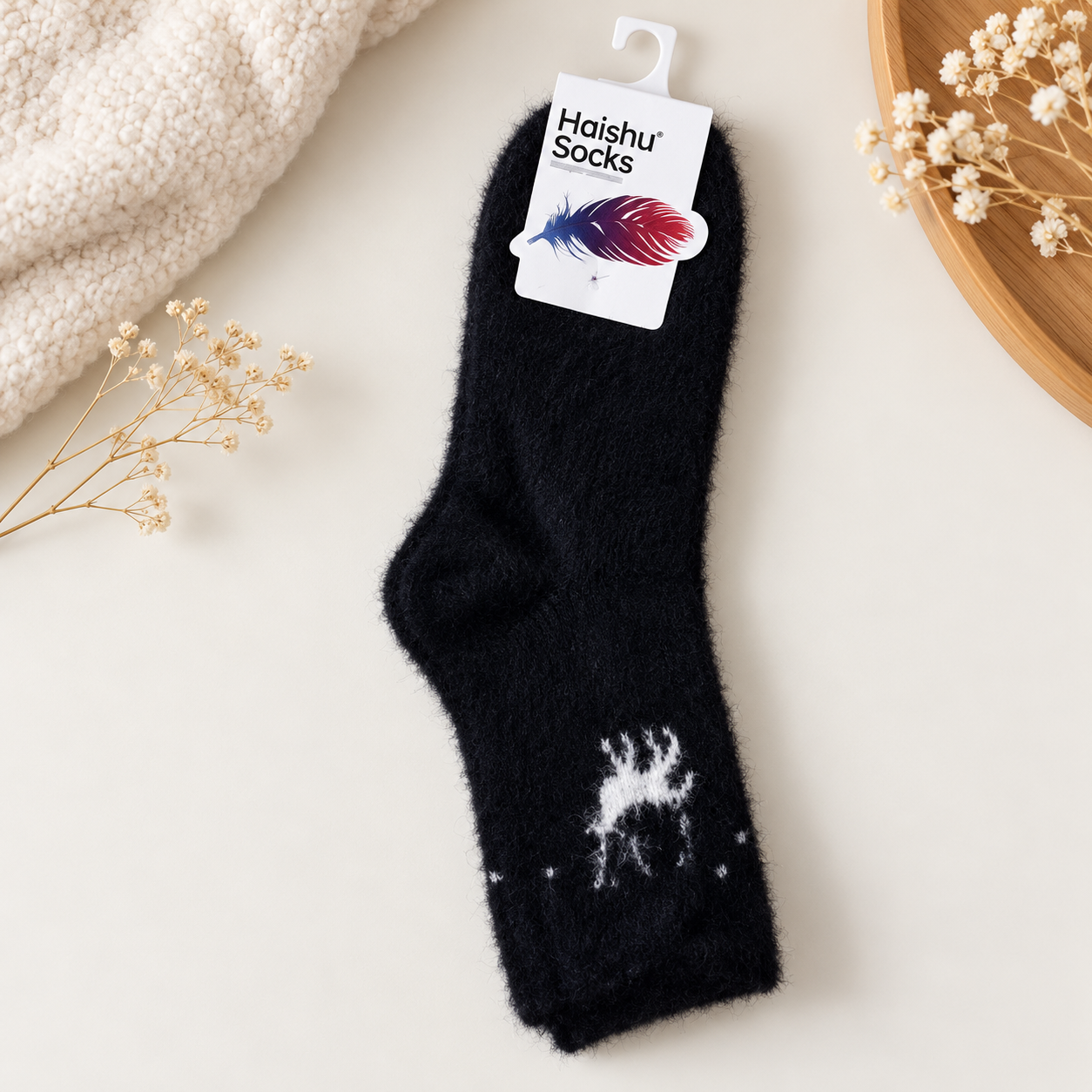Ultra-Soft Fuzzy Polyamide Reindeer Crew Socks - Cozy Winter Warmth -PFN03