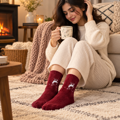 Ultra-Soft Fuzzy Polyamide Reindeer Crew Socks - Cozy Winter Warmth -PFN03