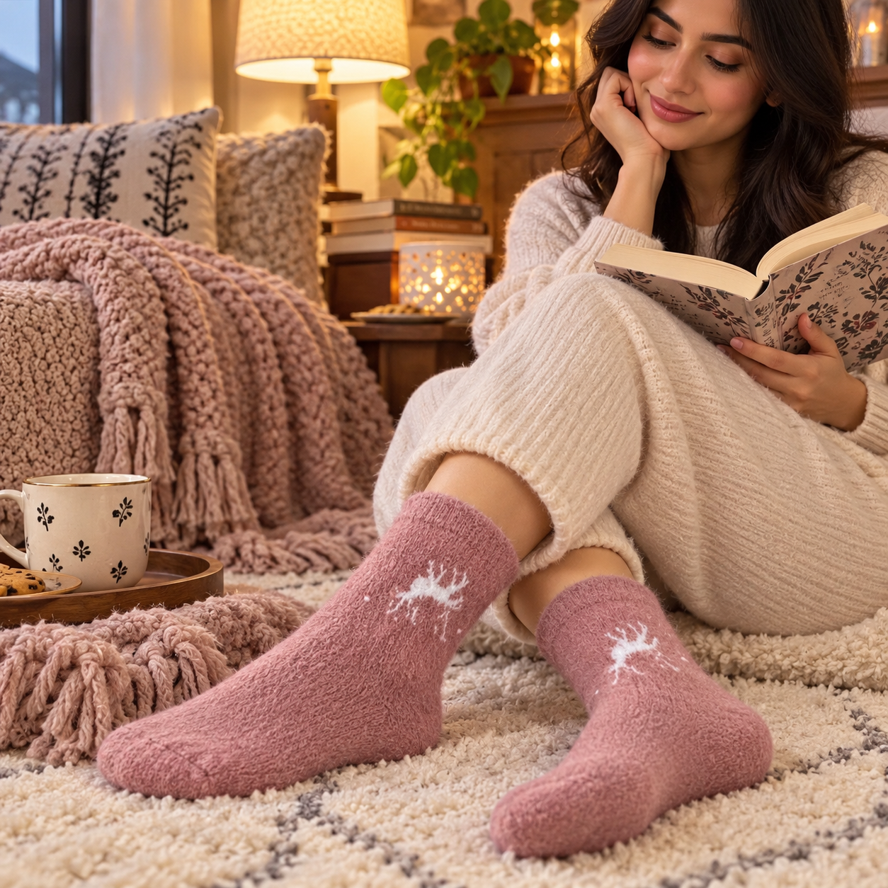Ultra-Soft Fuzzy Polyamide Reindeer Crew Socks - Cozy Winter Warmth -PFN03