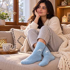 Ultra-Soft Fuzzy Polyamide Reindeer Crew Socks - Cozy Winter Warmth -PFN03