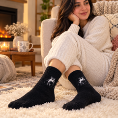Ultra-Soft Fuzzy Polyamide Reindeer Crew Socks - Cozy Winter Warmth -PFN03